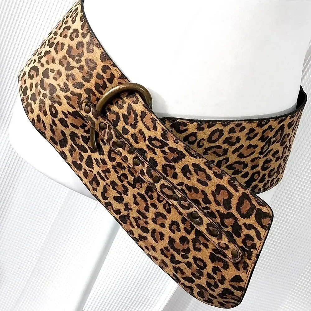 Wide Leopard Print Waist Belt with Antique Gold Buckle - Brown